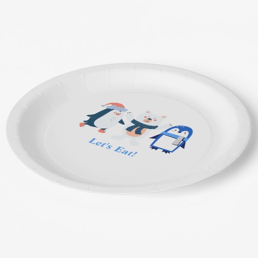 Blauer Winterwunderland Pinguine Eisbär Pappteller (Schrägansicht)