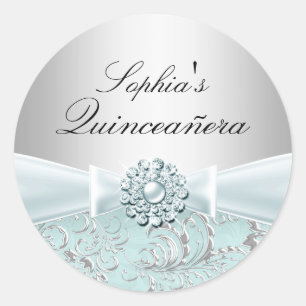 Blauer Wirbel & Juwelen-Schleife Quinceanera-Aufkl Runder Aufkleber