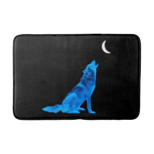 Blauer Wolf, der am Mond heult Badematte