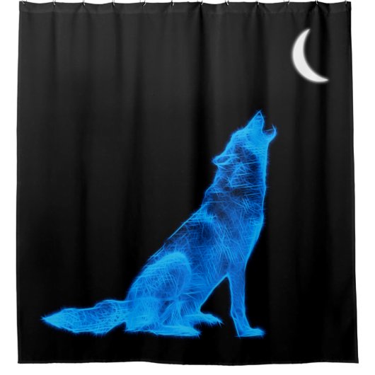 Blauer Wolf, der am Mond heult Duschvorhang (Vorderseite)