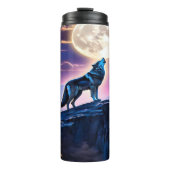 Blauer Wolf Howls auf Vollmond. Thermosbecher (Vorderseite)