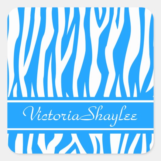 Blauer Zebra-Druck mit benutzerdefiniertem Text Quadratischer Aufkleber (Vorderseite)
