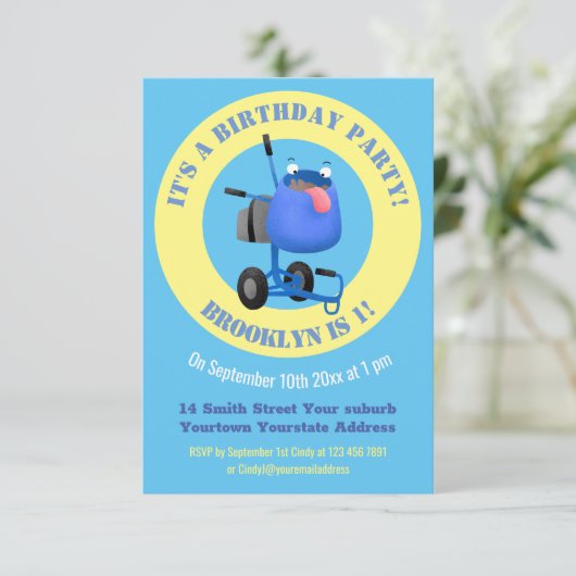 Blauer Zementmischer Cartoon Einladung (Stehend Vorderseite)