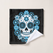 Blauer Zuckerschädel Badhandtuch Set (Waschlappen)