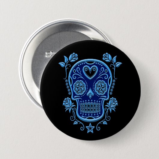 Blauer Zuckerschädel mit Rosen auf Schwarzem Button (Vorne & Hinten)