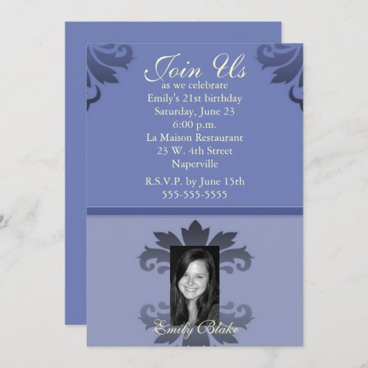 Blauer, zweifarbiger Damask-Foto Einladung (Vorne/Hinten)
