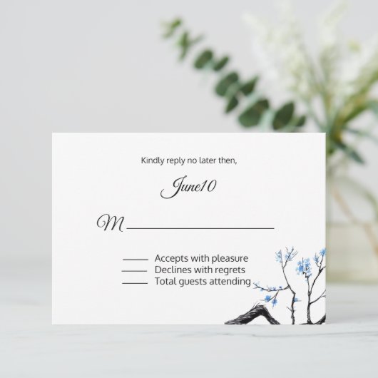 Blauer Zweig Hochzeit RSVP (Stehend Vorderseite)