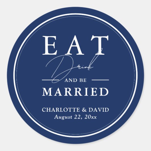 Blaues Abendgetränk und Verheiratet Hochzeit Runder Aufkleber (Vorderseite)