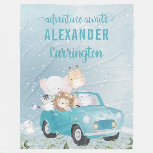 Blaues Abenteuer erwartet Watercolor Safari Tiere Fleecedecke (Vorderseite)