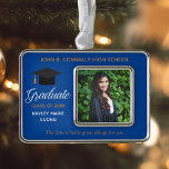 Blaues Abschluss Foto Inspiration für individuelle Rahmen-Ornament Silber<br><div class="desc">Dieses blaue Sondergeschenk für Senioren-Weihnachtsschmuck im Abschluss bietet eine schicke Typografie in Weiß und Gold unter dem Namen High School oder Uni für die Klasse von 2025. Mit einer inspirierenden Qute unter Ihrem Foto für ein großartiges personalisiertes Graduiertenfoto.</div>