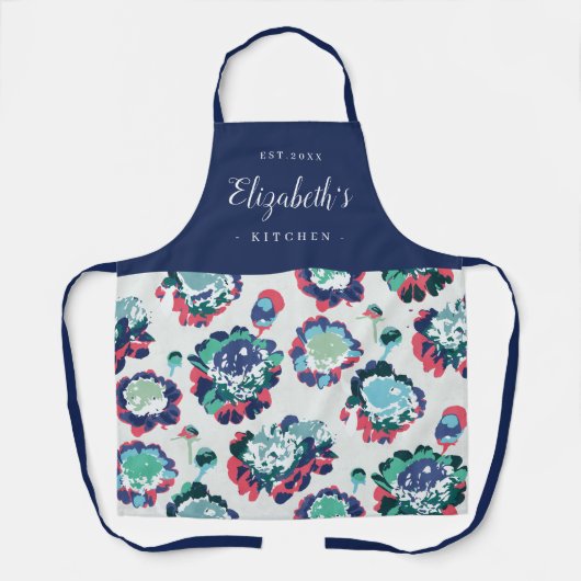 Blaues abstraktes Blumenmuster personalisiertes Ko Schürze (Vorderseite)