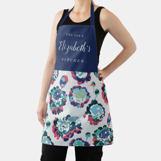 Blaues abstraktes Blumenmuster personalisiertes Ko Schürze (InSitu)