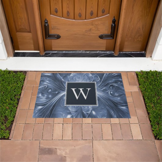 Blaues Abstraktes Geblüht Monogramm Doormat Fußmatte (Außenbereich)