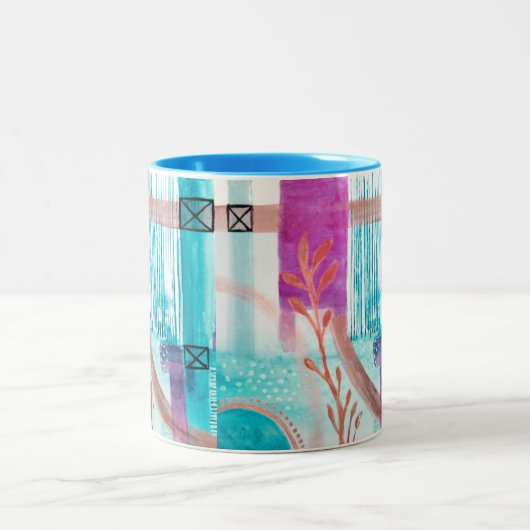 Blaues Abstraktes geometrisches, helles Rosa Zweifarbige Tasse (Mittel)