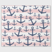 Blaues Ankermuster mit rosa Streifen Geschenkpapier (Flach)