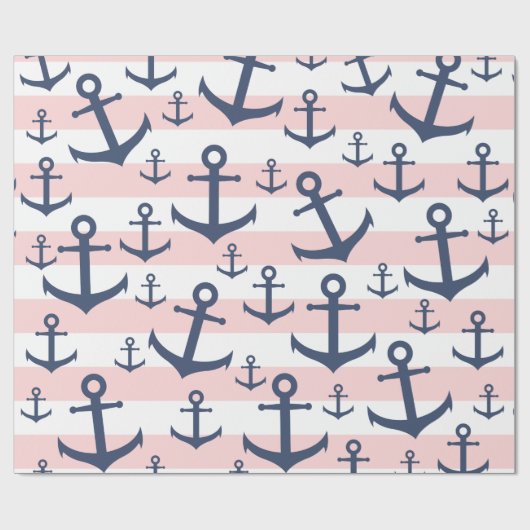 Blaues Ankermuster mit rosa Streifen Geschenkpapier (Flach)