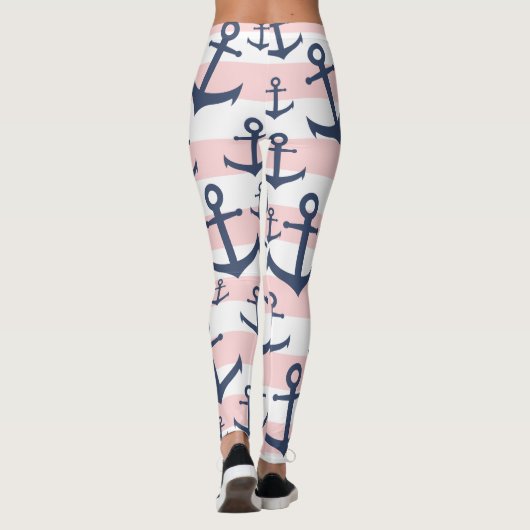 Blaues Ankermuster mit rosa Streifen Leggings (Rückseite)