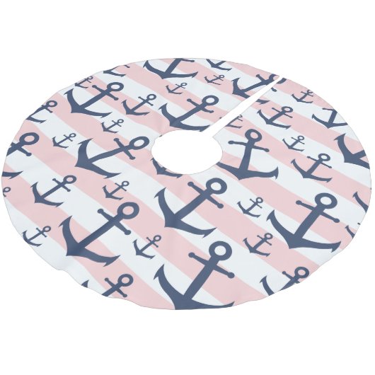 Blaues Ankermuster mit rosa Streifen Polyester Weihnachtsbaumdecke (Schrägansicht)