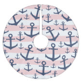 Blaues Ankermuster mit rosa Streifen Polyester Weihnachtsbaumdecke (Vorderseite)