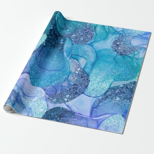 Blaues Aqua-funkelnd Marmordesign Geschenkpapier (Ungerollt)