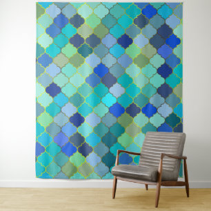 Blaues Aqua-Marokkanisches Mosaikmuster Wandteppich