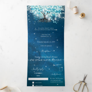 Blaues Aqua Türkis Herz Blatt Baum Hochzeit Tri-F Dreifach Gefaltete Einladung