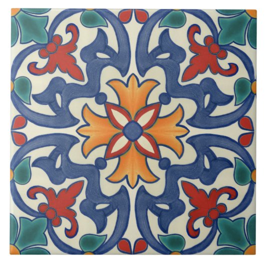 Blaues Aquamarin-gelbes Azulejos-Muster Fliese (Vorderseite)