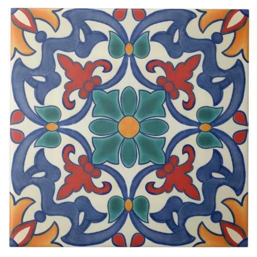 Blaues Aquamarin-gelbes Azulejos-Muster Fliese (Vorderseite)