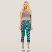 Blaues Aquamarin-grünes Rosa-Gelbblütenmuster Capri Leggings (Vorderseite)