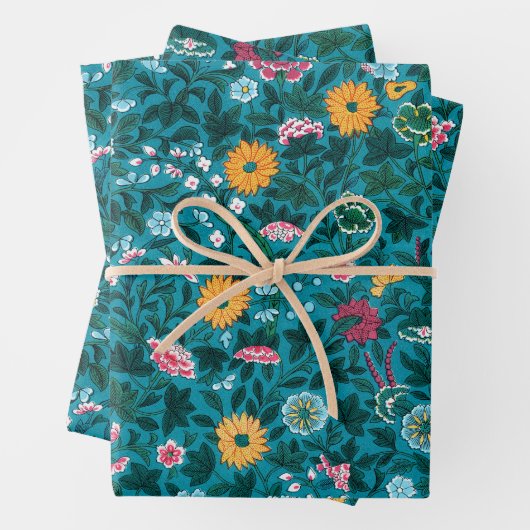 Blaues Aquamarin-grünes Rosa-Gelbblütenmuster Geschenkpapier Set (Beispiel)