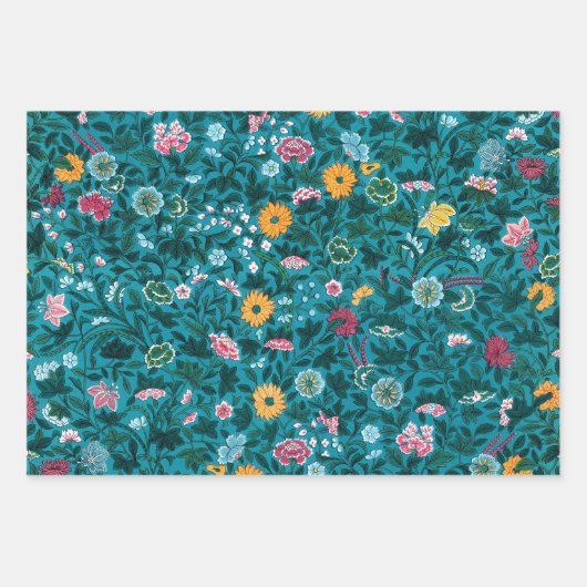 Blaues Aquamarin-grünes Rosa-Gelbblütenmuster Geschenkpapier Set (Vorderseite)