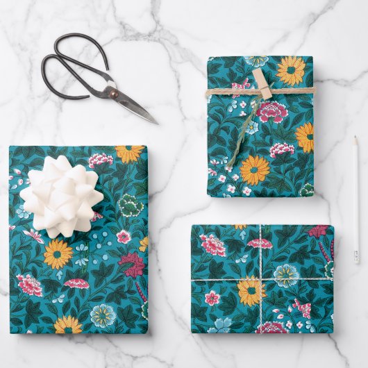 Blaues Aquamarin-grünes Rosa-Gelbblütenmuster Geschenkpapier Set (Vorderseite)