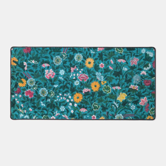 Blaues Aquamarin-grünes Rosa-Gelbblütenmuster Schreibtischunterlage (Vorderseite)