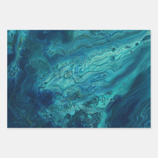 Blaues Aquamarines Acrylgießen Abstrakter Fluid Ar Geschenkpapier Set (Vorderseite 3)