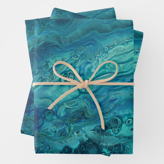 Blaues Aquamarines Acrylgießen Abstrakter Fluid Ar Geschenkpapier Set (Beispiel)