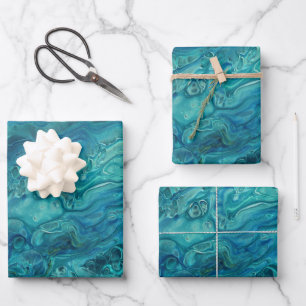 Blaues Aquamarines Acrylgießen Abstrakter Fluid Ar Geschenkpapier Set