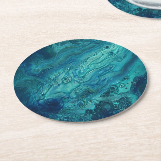 Blaues Aquamarines Acrylgießen Abstrakter Fluid Ar Runder Pappuntersetzer (Angewinkelt)