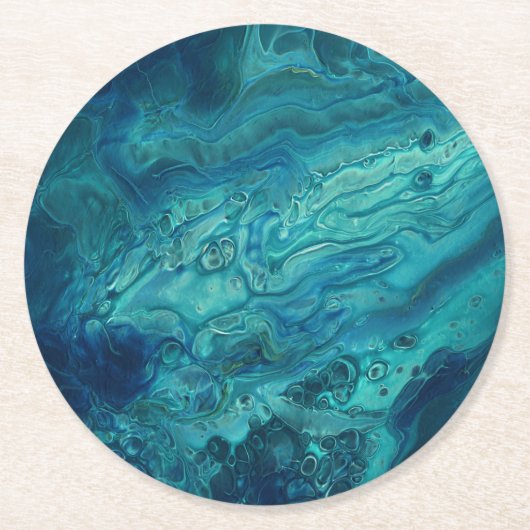 Blaues Aquamarines Acrylgießen Abstrakter Fluid Ar Runder Pappuntersetzer (Vorderseite)