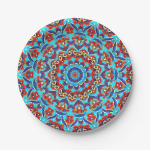 Blaues Aquamarines Leaf Floral Mandala Boho Pappteller