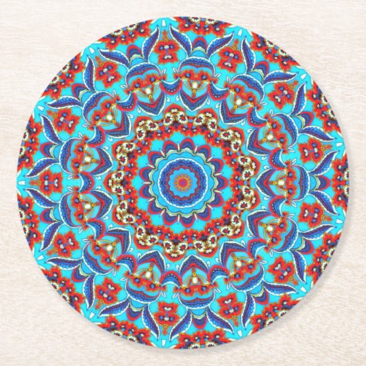 Blaues Aquamarines Leaf Floral Mandala Boho Runder Pappuntersetzer (Vorderseite)