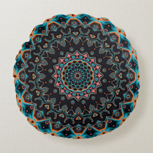 Blaues Aquamarines Schwarzes Rosa Mandala Boho Mus Rundes Kissen