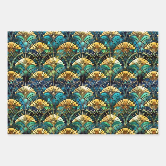 Blaues, aquamarines und goldenes Pfauenglas Geschenkpapier Set (Vorderseite)