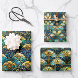 Blaues, aquamarines und goldenes Pfauenglas Geschenkpapier Set
