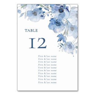 Blaues Aquarell-Blumen-Sitzplan Tischnummer
