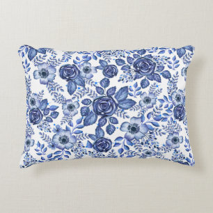 Blaues Aquarell-Blumenmuster Dekokissen