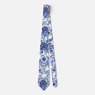Blaues Aquarell-Blumenmuster Krawatte