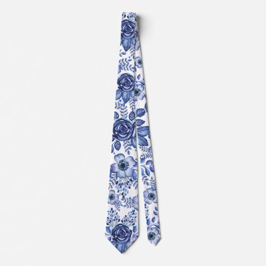 Blaues Aquarell-Blumenmuster Krawatte (Vorderseite)