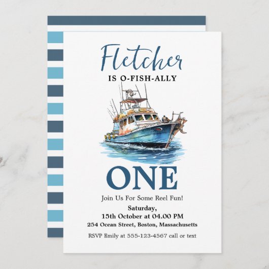 Blaues Aquarell Fischereifahrzeug Erster Geburtsta Einladung (Vorne/Hinten)
