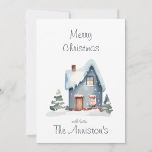 Blaues Aquarell-Haus-Weihnachtskarte Einladung