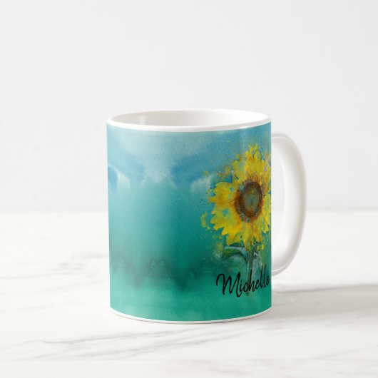 Blaues Aquarell mit Sonnenblume Kaffeetasse (VorderseiteRechts)